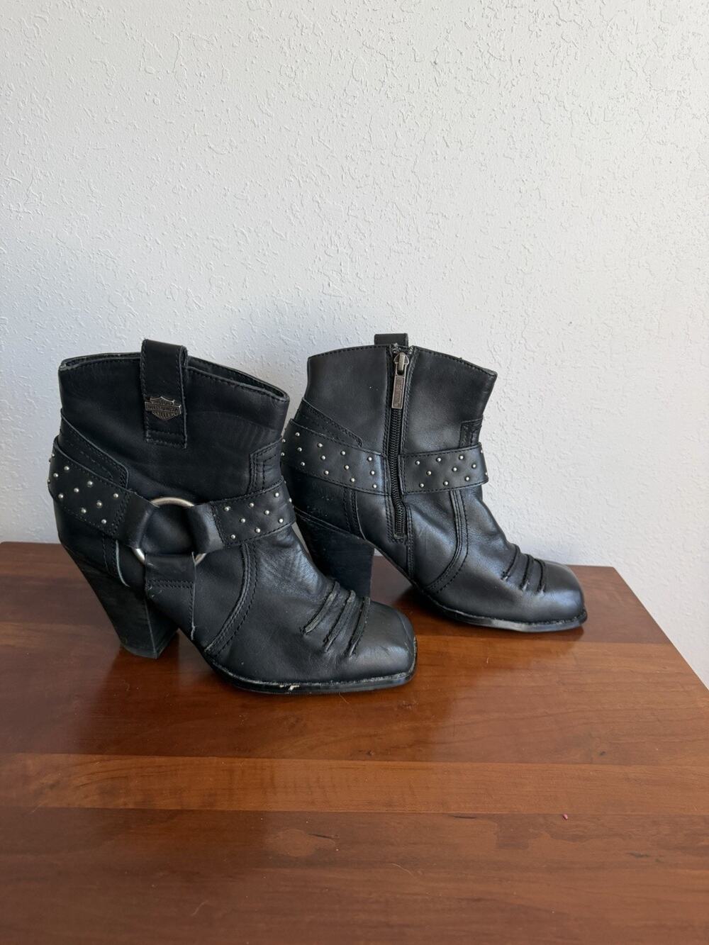 Harley Davidson Black Studded Belt Square Toe Heeled Ankle Riding Boot Women 7.5